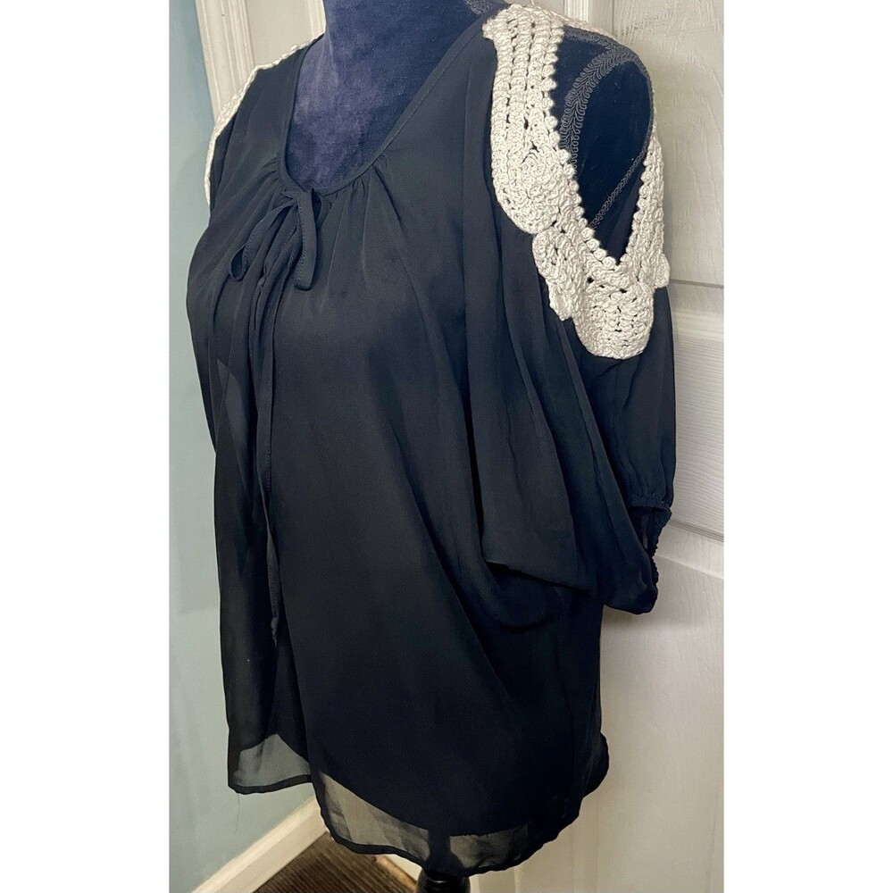 Black Semi Sheer Crochet Lace Blouse Womens Sz S Cold Shoulder American Dream